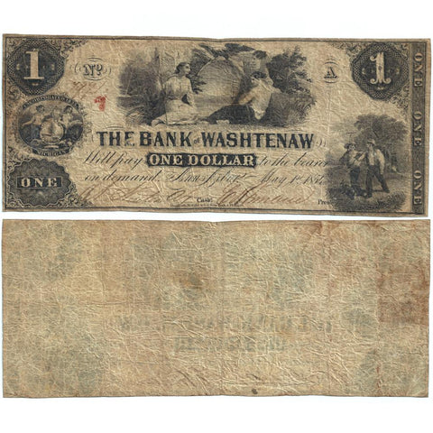 1854 $1 Bank of Washtenaw, Michigan Obsolete Bank Note - Very Good