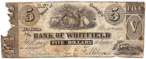 1861 $5 Bank of Whitfield Dalton Georgia - G30 - CSA Reverse - AG/G