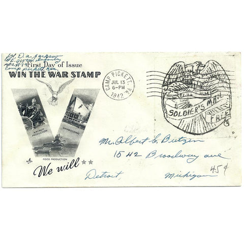 Jul 13, 1942 - Win The War Stamp Patriotic Cover Camp Picket, VA CDS