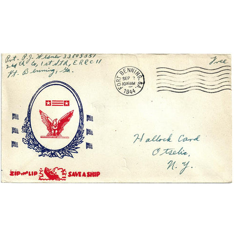 Sept 7, 1944 Zip Your Lip Patriotic Cover Fort Benning, GA CDS